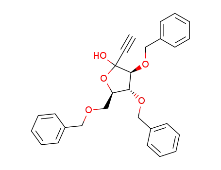 Molecular Structure of 163396-29-0 ((3S,4R,5R)-3,4-Bis-benzyloxy-5-benzyloxymethyl-2-ethynyl-tetrahydro-furan-2-ol)