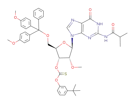 Thiocarbonic acid O-[(2R,3R,4R,5R)-2-[bis-(4-methoxy-phenyl)-phenyl-methoxymethyl]-5-(2-isobutyrylamino-6-oxo-1,6-dihydro-purin-9-yl)-4-methoxy-tetrahydro-furan-3-yl] ester O-(3-tert-butyl-phenyl) ester