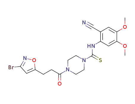 Molecular Structure of 124953-49-7 (4-[3-(3-Bromo-isoxazol-5-yl)-propionyl]-piperazine-1-carbothioic acid (2-cyano-4,5-dimethoxy-phenyl)-amide)