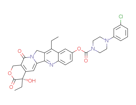 Molecular Structure of 136539-36-1 (4-(3-Chloro-phenyl)-piperazine-1-carboxylic acid (S)-4,11-diethyl-4-hydroxy-3,13-dioxo-3,4,12,13-tetrahydro-1H-2-oxa-6,12a-diaza-dibenzo[b,h]fluoren-9-yl ester)