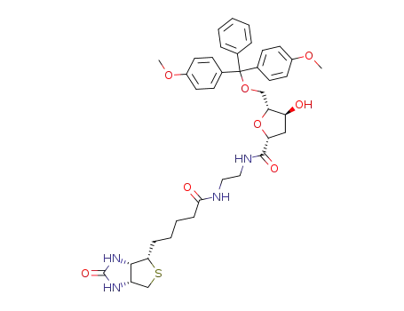 Molecular Structure of 184296-68-2 ((2R,4S,5R)-5-[Bis-(4-methoxy-phenyl)-phenyl-methoxymethyl]-4-hydroxy-tetrahydro-furan-2-carboxylic acid {2-[5-((3aR,6S,6aS)-2-oxo-hexahydro-thieno[3,4-d]imidazol-6-yl)-pentanoylamino]-ethyl}-amide)