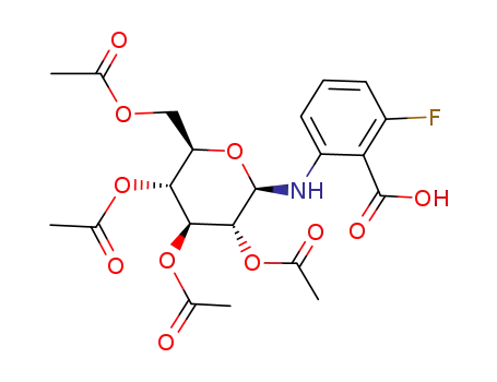Molecular Structure of 129395-88-6 (2-fluoro-6-[[(2R,3R,4S,5R,6R)-3,4,5-triacetoxy-6-(acetoxymethyl)tetrahydropyran-2-yl]amino]benzoic acid)