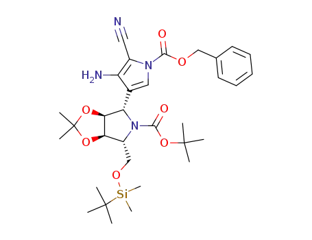 Molecular Structure of 222631-46-1 (5H-1,3-Dioxolo4,5-cpyrrole-5-carboxylic acid, 4-4-amino-5-cyano-1-(phenylmethoxy)carbonyl-1H-pyrrol-3-yl-6-(1,1-dimethylethyl)dimethylsilyloxymethyltetrahydro-2,2-dimethyl-, 1,1-dimethylethyl ester, (3aS,4S,6R,6aR)-)