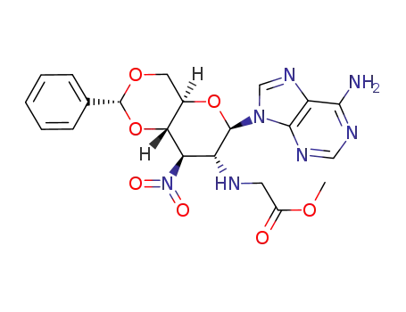 Molecular Structure of 183052-00-8 ([(2R,4aR,6R,7R,8R,8aS)-6-(6-Amino-purin-9-yl)-8-nitro-2-phenyl-hexahydro-pyrano[3,2-d][1,3]dioxin-7-ylamino]-acetic acid methyl ester)