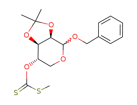 Molecular Structure of 103708-48-1 (Dithiocarbonic acid O-((3aR,7S,7aR)-4-benzyloxy-2,2-dimethyl-tetrahydro-[1,3]dioxolo[4,5-c]pyran-7-yl) ester S-methyl ester)