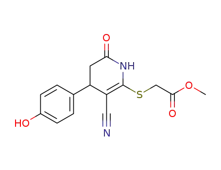 Molecular Structure of 264254-96-8 (methyl 2-((3-cyano-4-(4-hydroxyphenyl)-6-oxo-1,4,5,6-tetrahydropyridin-2-yl)thio)acetate)