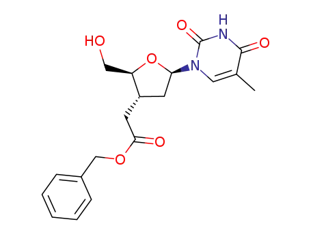 Molecular Structure of 380615-22-5 ([(2S,3R,5R)-2-Hydroxymethyl-5-(5-methyl-2,4-dioxo-3,4-dihydro-2H-pyrimidin-1-yl)-tetrahydro-furan-3-yl]-acetic acid benzyl ester)