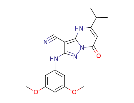 Molecular Structure of 824397-91-3 (Pyrazolo[1,5-a]pyrimidine-3-carbonitrile,
2-[(3,5-dimethoxyphenyl)amino]-4,7-dihydro-5-(1-methylethyl)-7-oxo-)