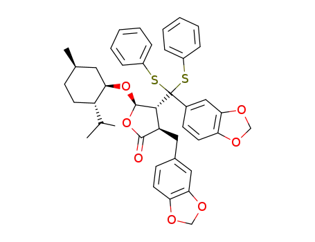 Molecular Structure of 158665-02-2 ((3R,4R,5R)-3-(1,3-Benzodioxol-5-ylmethyl)-4-<(1,3-benzodioxol-5-yl)bis(phenylthio)methyl>-5-(l-menthyloxy)dihydro-2(3H)-furanone)