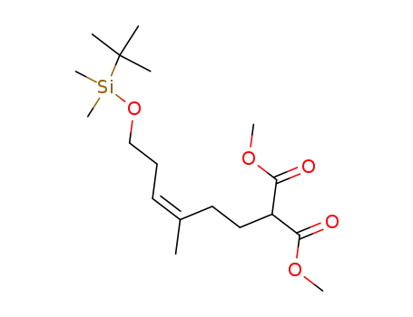 Molecular Structure of 117832-41-4 (Propanedioic acid,
[6-[[(1,1-dimethylethyl)dimethylsilyl]oxy]-3-methyl-3-hexenyl]-, dimethyl
ester, (Z)-)