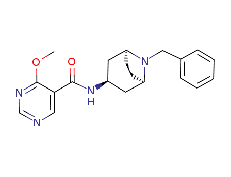 Molecular Structure of 84923-00-2 (5-Pyrimidinecarboxamide, 4-methoxy-N-(8-(phenylmethyl)-8-azabicyclo(3. 2.1)oct-3-yl)-, exo-)