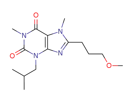 Molecular Structure of 90749-91-0 (1H-Purine-2,6-dione,
3,7-dihydro-8-(3-methoxypropyl)-1,7-dimethyl-3-(2-methylpropyl)-)