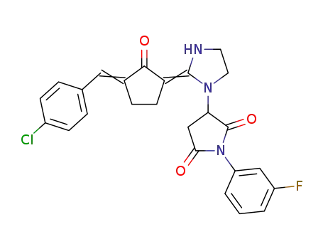 Molecular Structure of 1415655-03-6 (3-{2-[3-(4-chlorobenzylidene)-2-oxocyclopentylidene]imidazolidin-1-yl}-1-(3-fluorophenyl)pyrroli-dine-2,5-dione)