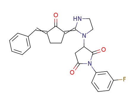 Molecular Structure of 1415654-98-6 (3-[2-(3-benzylidene-2-oxocyclopentylidene)imidazolidin-1-yl]-1-(3-fluorophenyl)pyrrolidine-2,5-dione)