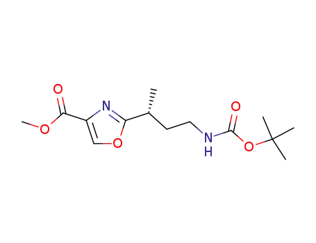Molecular Structure of 139462-33-2 (4-Oxazolecarboxylic acid,
2-[3-[[(1,1-dimethylethoxy)carbonyl]amino]-1-methylpropyl]-, methyl
ester, (R)-)