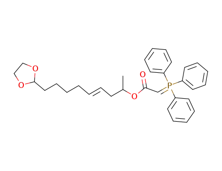 Molecular Structure of 87227-50-7 ((Triphenyl-λ<sup>5</sup>-phosphanylidene)-acetic acid (E)-8-[1,3]dioxolan-2-yl-1-methyl-oct-3-enyl ester)