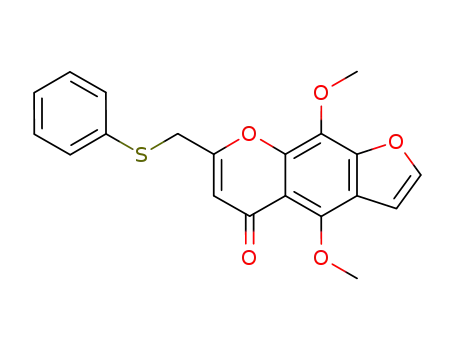 Molecular Structure of 76301-20-7 (5H-Furo[3,2-g][1]benzopyran-5-one,
4,9-dimethoxy-7-[(phenylthio)methyl]-)