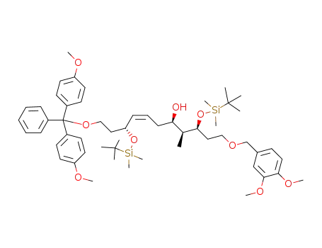 Molecular Structure of 1428671-98-0 ((5S,6S,7R,9Z,11R)-11-{2-[bis(4-methoxyphenyl)(phenyl)methoxy]ethyl}-5-{2-[(3,4-dimethoxybenzyl)oxy]ethyl}-2,2,3,3,6,13,13,14,14-nonamethyl-4,12-dioxa-3,13-disilapentadec-9-en-7-ol)
