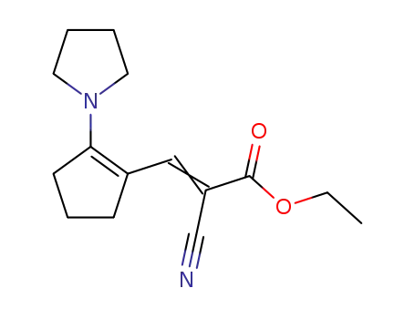 Molecular Structure of 91159-01-2 (2-Propenoic acid, 2-cyano-3-[2-(1-pyrrolidinyl)-1-cyclopenten-1-yl]-,
ethyl ester)