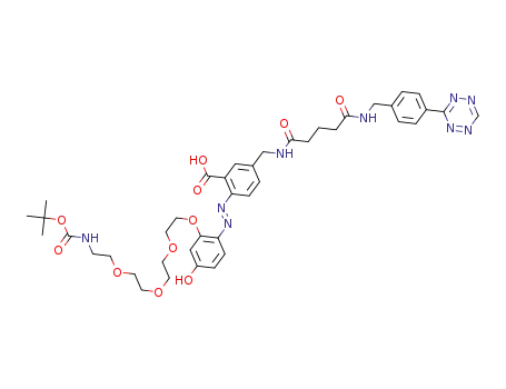 Molecular Structure of 1474019-97-0 ((E)-5-((5-((4-(1,2,4,5-tetrazin-3-yl)benzyl)amino)-5-oxopentanamido)methyl)-2-((2-((2,2-dimethyl-4-oxo-3,8,11,14-tetraoxa-5-azahexadecan-16-yl)oxy)-4-hydroxyphenyl)diazenyl)benzoic acid)