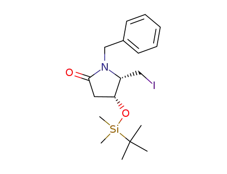 Molecular Structure of 114628-14-7 (cis-N-benzyl-4<(tert-butyldimethylsilyl)oxy>-5-(iodomethyl)pyrrolidin-2-one)