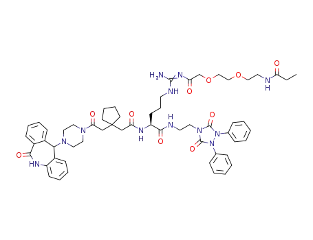 Molecular Structure of 1432471-25-4 ((2S)-N-[2-(3,5-dioxo-1,2-diphenyl-1,2,4-triazolidin-4-yl)ethyl]-N<sup>α</sup>-[2-(1-{2-oxo-2-[4-(6-oxo-6,11-dihydro-5H-dibenzo[b,e]azepin-11-yl)piperazin-1-yl]ethyl}cyclopentyl)acetyl]-N<sup>ω</sup>-(8-propanoylamino-3,6-dioxaoctanoyl)argininamide)