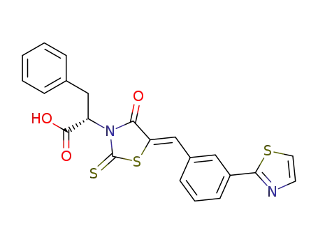 Molecular Structure of 1459215-88-3 ((L,Z)-2-(5-(3-thiazol-2-yl-benzylidene)-4-oxo-2-thioxothiazolidin-3-yl)-3-phenylpropanoic acid)
