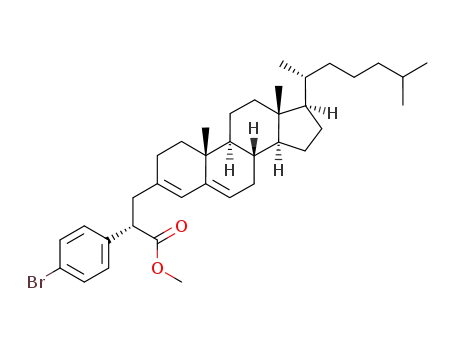 Molecular Structure of 1616633-54-5 (methyl (S)-2-(4-bromophenyl)-3-((8S,9S,10R,13R,14S,17R)-10,13-dimethyl-17-((R)-6-methylheptan-2-yl)-2,7,8,9,10,11,12,13,14,15,16,17-dodecahydro-1H-cyclopenta[a]phenanthren-3-yl)propanoate)