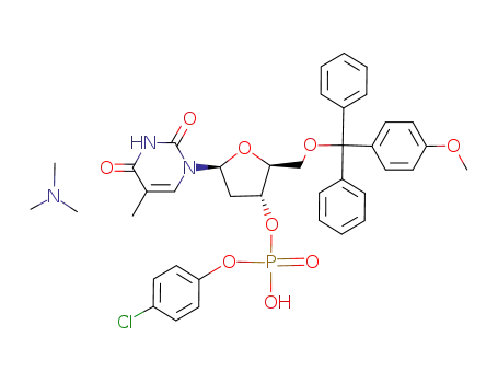 Phosphoric acid 4-chloro-phenyl ester (2S,3R,5S)-2-[(4-methoxy-phenyl)-diphenyl-methoxymethyl]-5-(5-methyl-2,4-dioxo-3,4-dihydro-2H-pyrimidin-1-yl)-tetrahydro-furan-3-yl ester; compound with trimethyl-amine