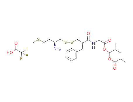 Molecular Structure of 1098011-64-3 (1-(2-((1-ethylcarbonyloxyisobutoxycarbonyl)methylcarbamoyl)-3-phenylpropyldisulfanylmethyl)-3-methylsulfanylpropyl ammonium trifluoroacetate)