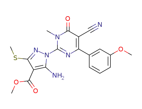 Molecular Structure of 131890-63-6 (5-Amino-1-[5-cyano-4-(3-methoxy-phenyl)-1-methyl-6-oxo-1,6-dihydro-pyrimidin-2-yl]-3-methylsulfanyl-1H-pyrazole-4-carboxylic acid methyl ester)