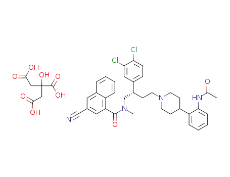Molecular Structure of 255049-49-1 (N-[2-(S)-(3,4-Dichlorophenyl)-4-(4-[2-acetamidophenyl]-1-piperidinyl)butyl]-N-methyl-3-cyano-1-naphthamide Citrate)