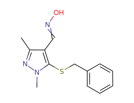 Molecular Structure of 849938-47-2 (1H-Pyrazole-4-carboxaldehyde, 1,3-dimethyl-5-[(phenylmethyl)thio]-,
oxime)