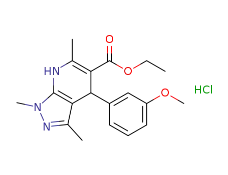 Molecular Structure of 93181-53-4 (1H-Pyrazolo[3,4-b]pyridine-5-carboxylic acid,
4,7-dihydro-4-(3-methoxyphenyl)-1,3,6-trimethyl-, ethyl ester,
monohydrochloride)
