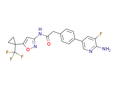 Molecular Structure of 1267851-94-4 (3-fluoro-5-(4-(2-oxo-2-(5-(1-(trifluoromethyl)cyclopropyl)isoxazol-3-ylamino)ethyl)phenyl)pyridin-2-amine)