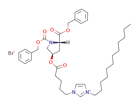 Molecular Structure of 1012871-89-4 (1-(5-((1,5-bis((benzyloxy)carbonyl)pyrrolidin-3-yl)oxy)-5-oxopentyl)-3-dodecyl-1H-imidazol-3-ium bromide)