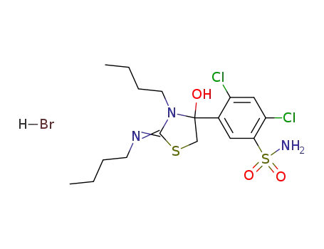 Molecular Structure of 62971-36-2 (Benzenesulfonamide,
5-[3-butyl-2-(butylimino)-4-hydroxy-4-thiazolidinyl]-2,4-dichloro-,
monohydrobromide)