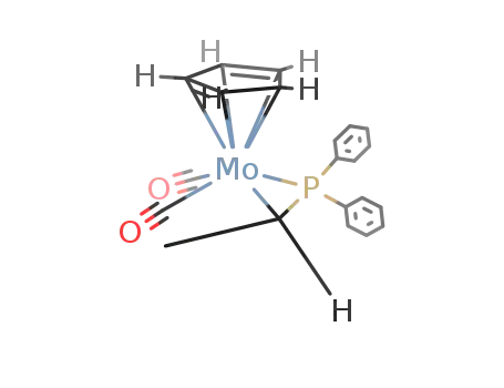Molecular Structure of 89738-64-7 (2,2-dicarbonyl-2-(η5-cyclopentadienyl)-3-methyl-1,1-diphenyl-1-phospha-2-molybdacyclopropane)