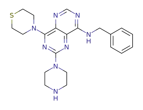 Molecular Structure of 78552-52-0 (N-benzyl-9-piperazin-1-yl-7-thiomorpholin-4-yl-3,5,8,10-tetrazabicyclo [4.4.0]deca-2,4,7,9,11-pentaen-2-amine)