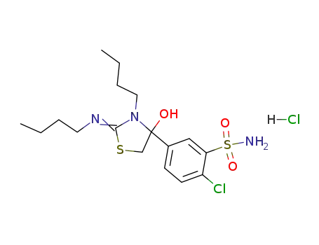 Molecular Structure of 59814-45-8 (3-n-Butyl-2-n-butylimino-4-(4-chloro-3-sulfamoylphenyl)-1,3-thiazolidine-4-ol-hydrochloride)