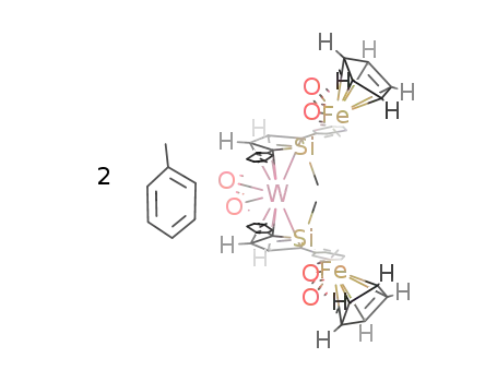 Molecular Structure of 121962-47-8 (cis-dicarbonylbis{η4-exo-1-(dicarbonyl(η5-cyclopentadienyl)ferrio)-endo-1-methyl-2.5-diphenylsilole}tungesten*2(toluene))