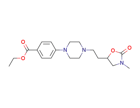 Molecular Structure of 140478-92-8 (Benzoic acid,
4-[4-[2-(3-methyl-2-oxo-5-oxazolidinyl)ethyl]-1-piperazinyl]-, ethyl ester)