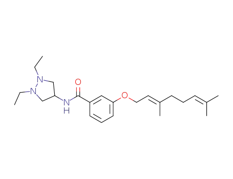 Molecular Structure of 183583-79-1 (Benzamide,
N-(1,2-diethyl-4-pyrazolidinyl)-3-[(3,7-dimethyl-2,6-octadienyl)oxy]-, (E)-)