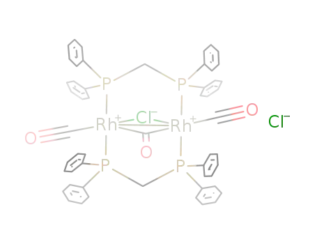Rh<sub>2</sub>Cl(CO)2CO((C<sub>6</sub>H<sub>5</sub>)2PCH<sub>2</sub>P(C<sub>6</sub>H<sub>5</sub>)2)2<sup>(1+)</sup>*Cl<sup>(1-)</sup>=[Rh<sub>2</sub>Cl(CO)2CO((C<sub>6</sub>H<sub>5</sub>)2PCH<sub>2</sub>P(C<sub>6</sub>H<sub>5</sub>)2)2]Cl