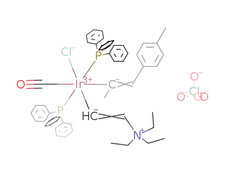 ((C<sub>6</sub>H<sub>5</sub>)3P)2(CO)(Cl)Ir(C<sub>2</sub>H<sub>2</sub>N(C<sub>2</sub>H<sub>5</sub>)3)(C(CH<sub>3</sub>)C(H)C<sub>6</sub>H<sub>4</sub>CH<sub>3</sub>)<sup>(1+)</sup>*ClO<sub>4</sub><sup>(1-)</sup>=[((C<sub>6</sub>H<sub>5</sub>)3P)2(CO)(Cl)Ir(C<sub>8</sub>H<sub>17</sub>N)(C<sub>10</sub>H<sub>11</sub>)]ClO<sub>4</sub>