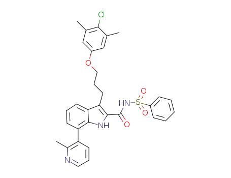 Molecular Structure of 1585223-89-7 (3-(3-(4-chloro-3,5-dimethylphenoxy)propyl)-7-(2-methylpyridin-3-yl)-N-(phenylsulfonyl)-1H-indole-2-carboxamide)
