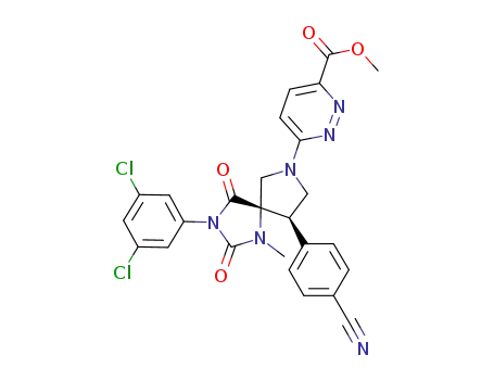 Molecular Structure of 1224465-30-8 (methyl 6-((5S,9R)-9-(4-cyanophenyl)-3-(3,5-dichlorophenyl)-1-methyl-2,4-dioxo-1,3,7-triazaspiro[4.4]nonan-7-yl)pyridazine-3-carboxylate)