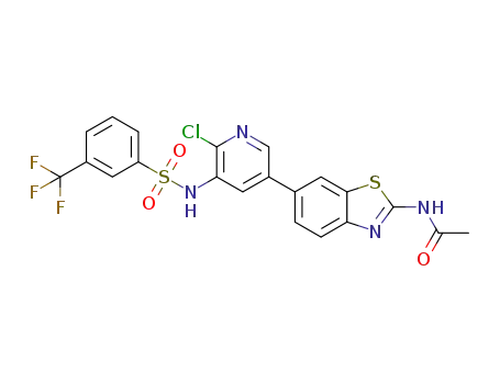 Molecular Structure of 1112980-97-8 (N-(6-(6-chloro-5-(3-(trifluoromethyl)phenylsulfonamido)pyridin-3-yl)benzo[d]thiazol-2-yl)acetamide)