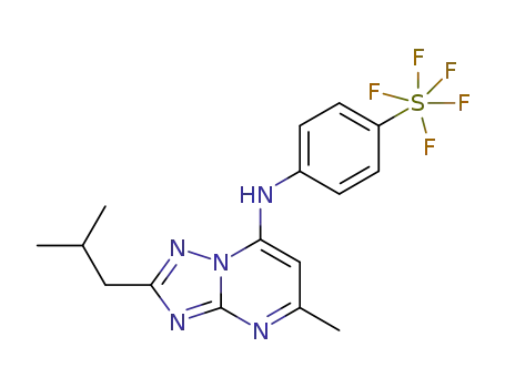 Molecular Structure of 1315606-73-5 (5-methyl-2-(2-methylpropyl)-N-[4-(pentafluoro-λ6-sulfanyl)phenyl][1,2,4]triazolo[1,5-a]pyrimidin-7-amine)