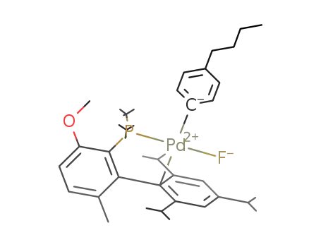 PdFC<sub>6</sub>H<sub>4</sub>(CH<sub>2</sub>)3CH<sub>3</sub>C<sub>6</sub>H<sub>2</sub>(CH(CH<sub>3</sub>)2)3C<sub>6</sub>H<sub>2</sub>OCH<sub>3</sub>CH<sub>3</sub>P(C(CH<sub>3</sub>)3)2
